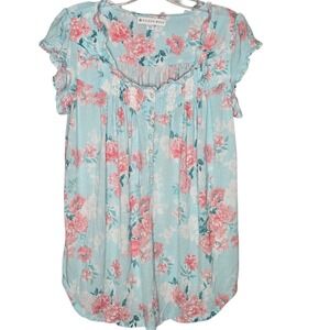 Eileen West Floral Nightgown XS Blue Pink Peony Lace Trim Modal Pajama Top